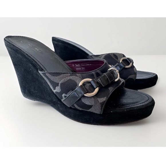 Vintage 90s Y2K COACH Chrissie Velour Wedge Platform Heels Sandals Monogram 9 - Picture 2 of 10